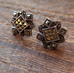 Vintage Vtg Marcasite Diamond Square Shaped Sterling Silver Stud Earrings